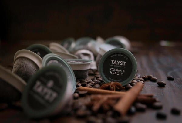 A bunch of Tayst Coffee Medium and Heroic keurig pods.
