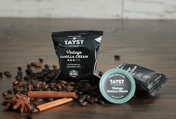 Tayst Coffee's Vintage Vanilla Cream biodegradable keurig pods.