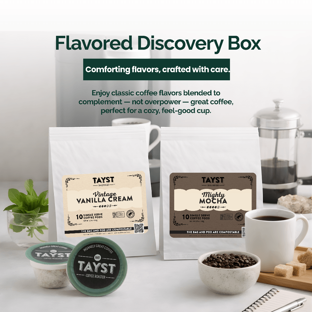 Tayst coffee products including bags, capsules, and a cup on a white surface with text about flavored discovery box.