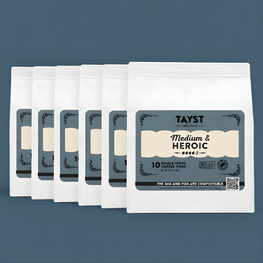 Six Pack of Tayst coffee pods on a blue background