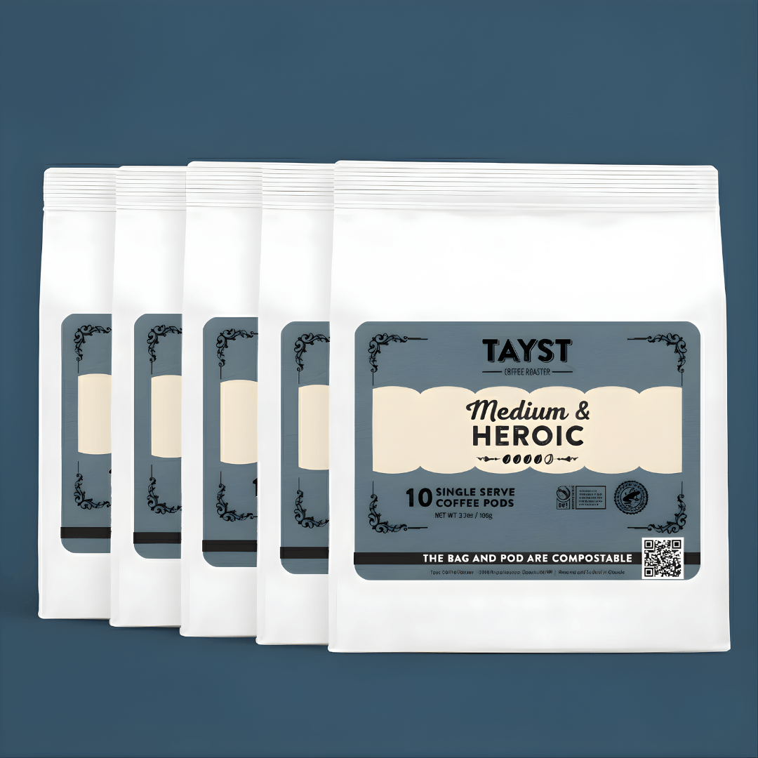 Pack of Tayst Medium & Heroic coffee pods on a blue background