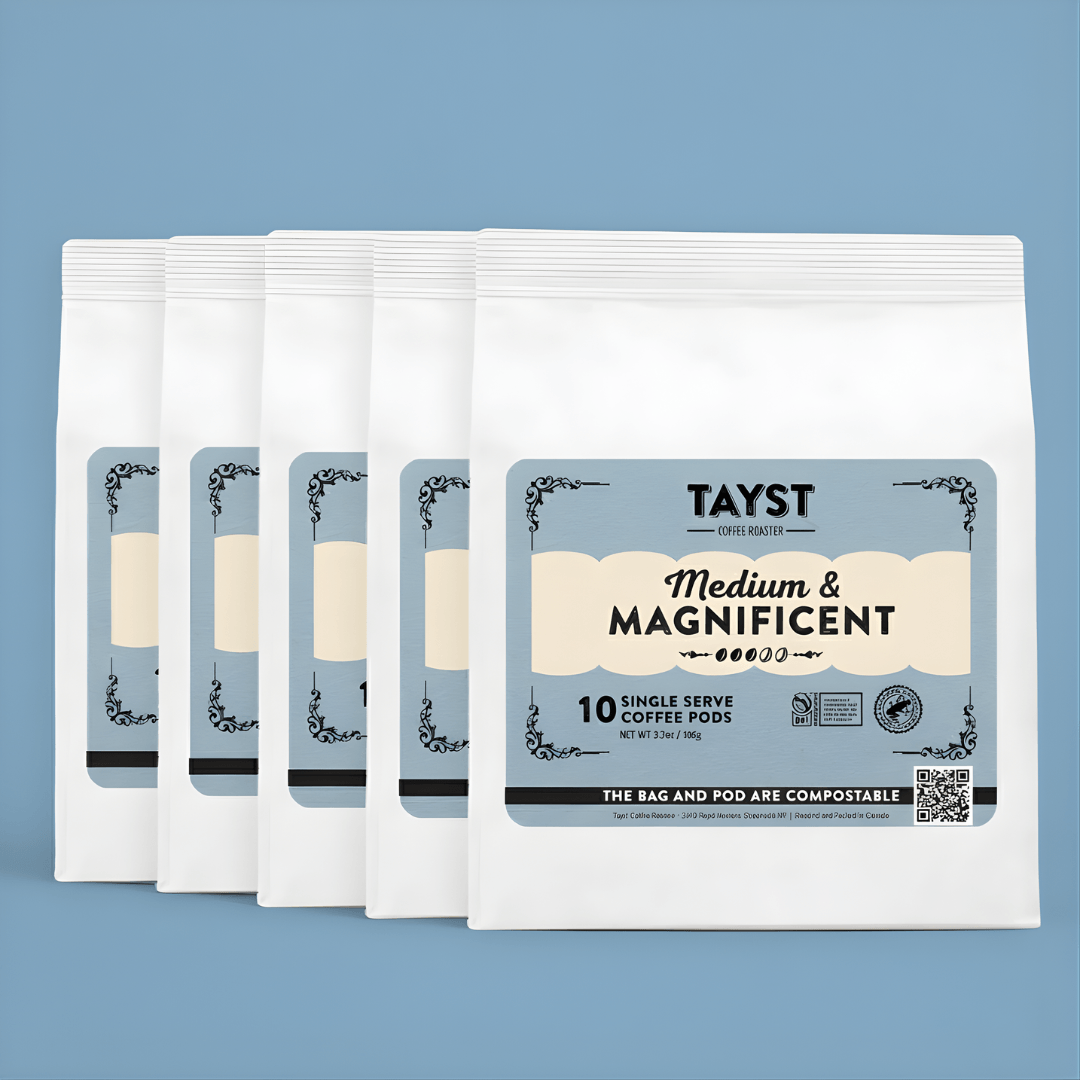 Packaging of Tayst coffee pods on a blue background