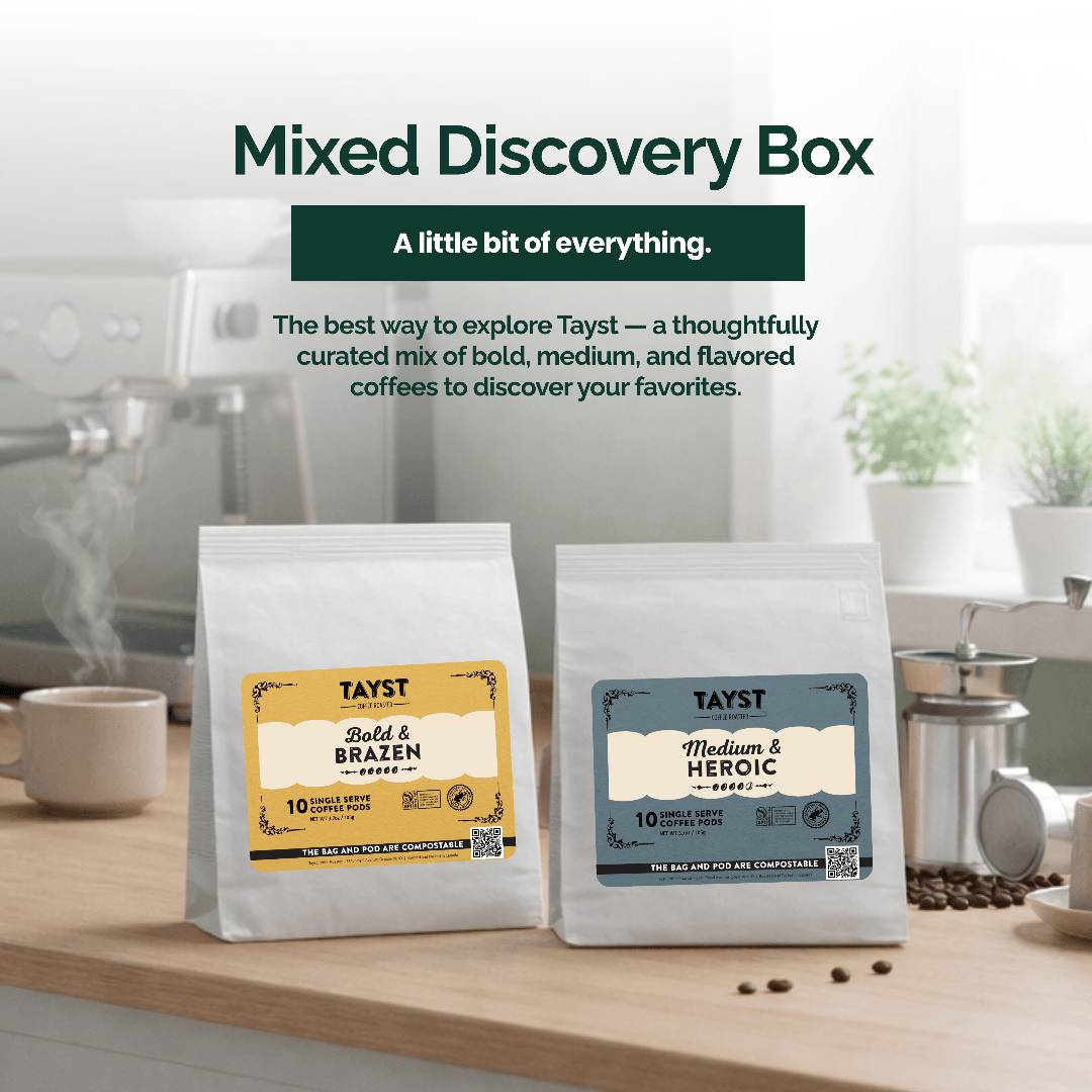Two coffee bags from Tayst on a kitchen counter with text about a mixed discovery box.
