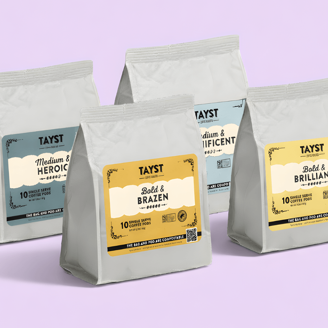 40 mixed Tayst coffee kcups with various blends on a light purple background