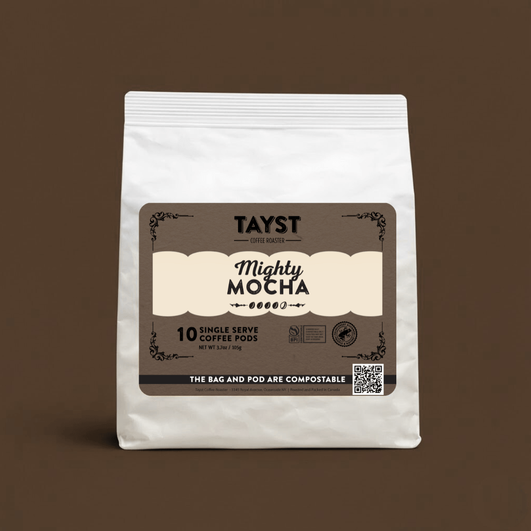 Tayst Mighty Mocha coffee pods packaging on a brown background
