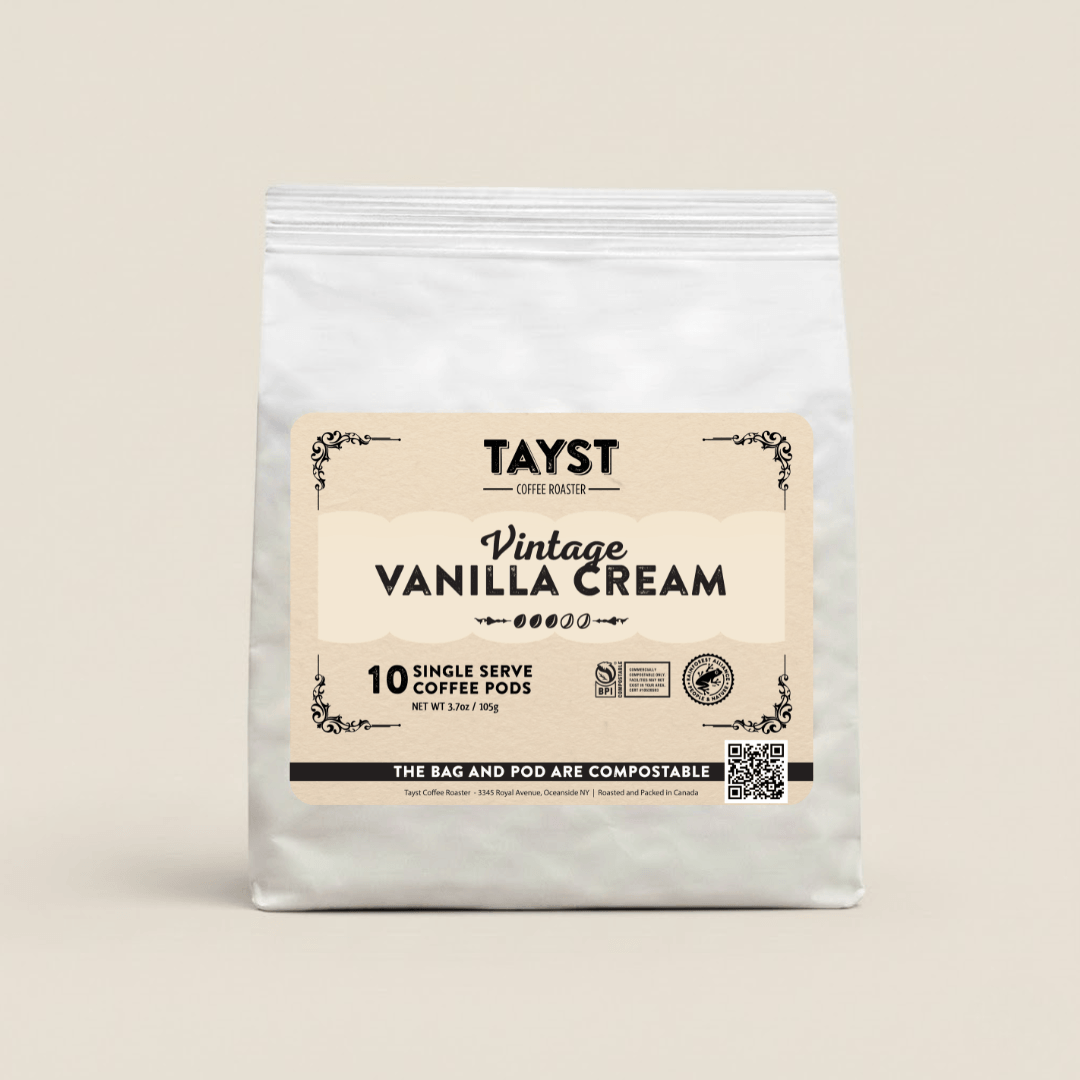 Tayst Vintage Vanilla Cream coffee pods packaging on a beige background