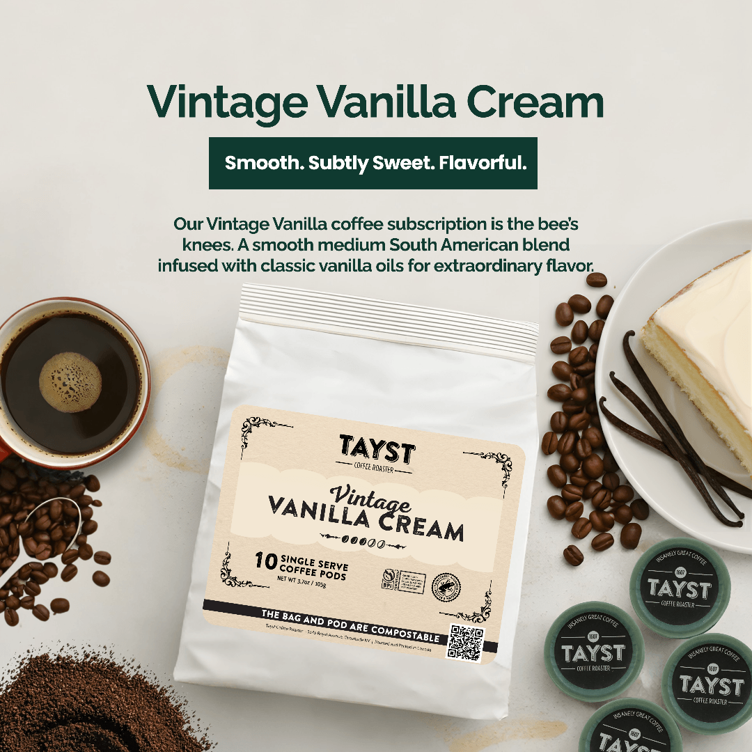 Tayst Vintage Vanilla Cream coffee package with coffee beans, vanilla, and a cup of coffee on a light background.