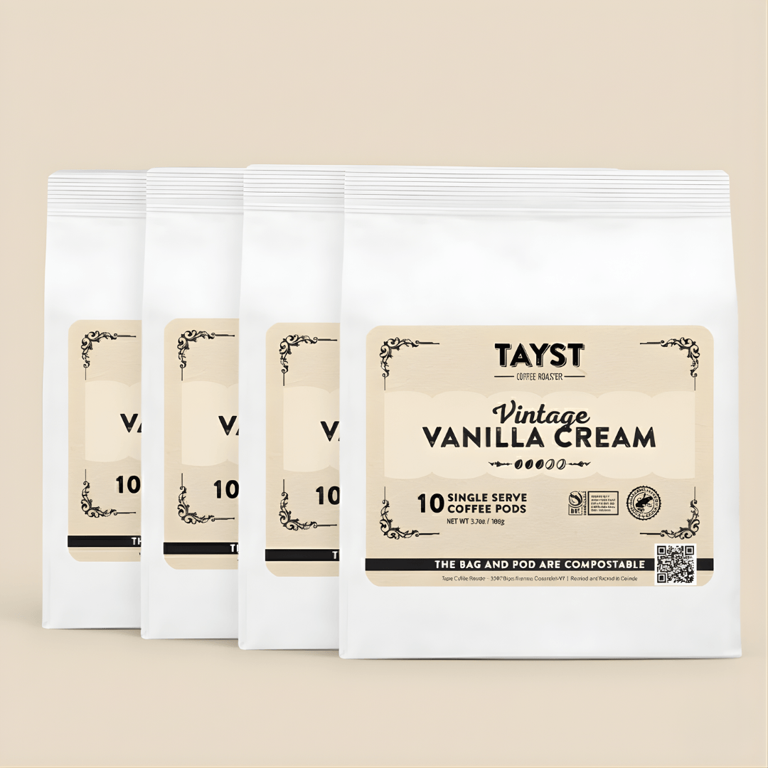 Pack of Tayst Vintage Vanilla Cream coffee pods on a beige background