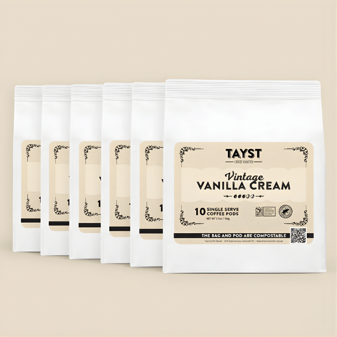 Pack of Tayst Vanilla Cream coffee pods on a beige background