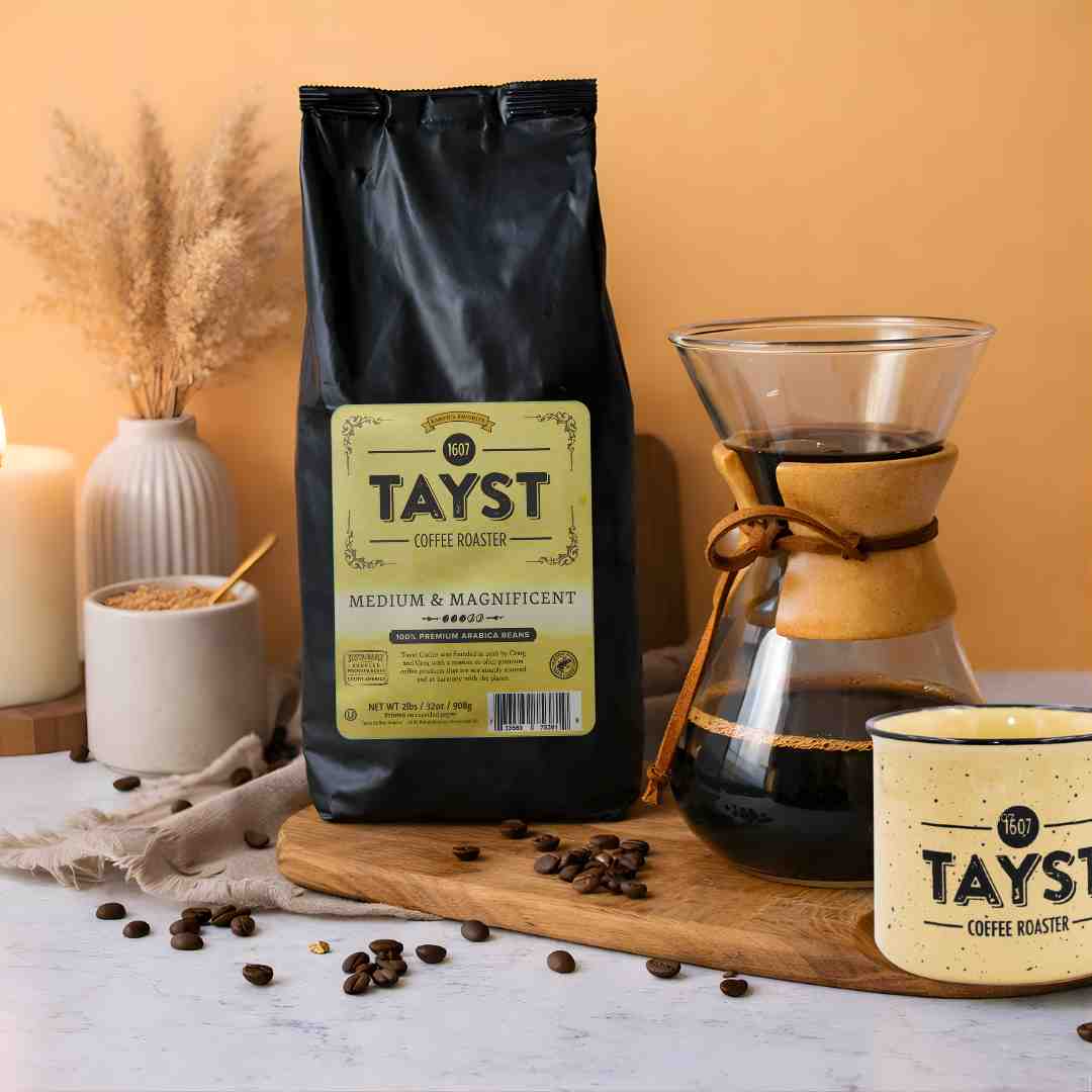 Tayst medium roast coffee beans with pour-over coffee maker and mug setup