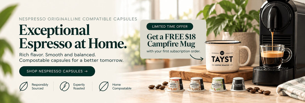 Promotional banner for Nespresso Original Line compatible capsules with $18 free mug