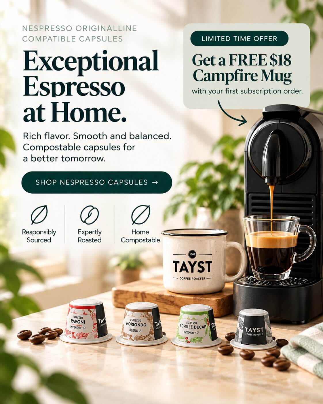 Promotional banner for Nespresso Original Line compatible capsules with $18 free mug