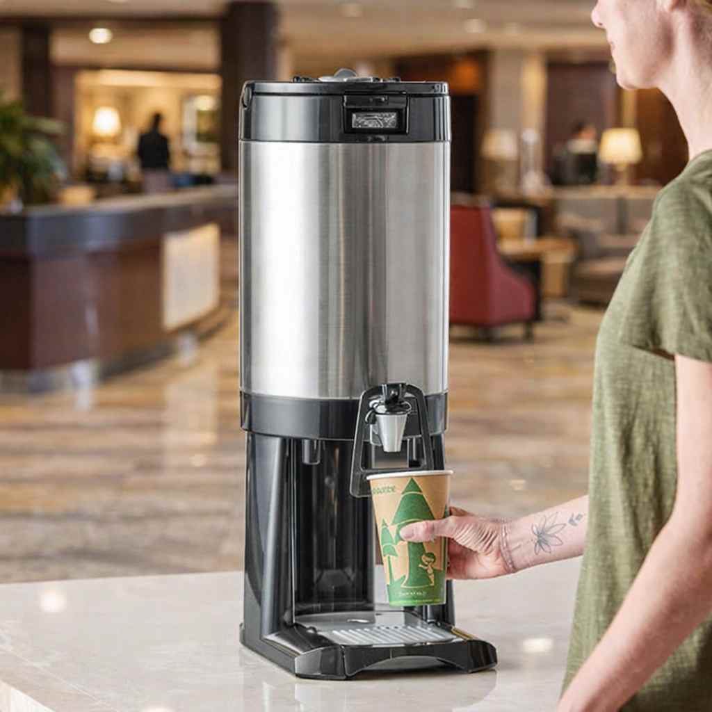 Person using a coffee dispenser in a modern interior setting