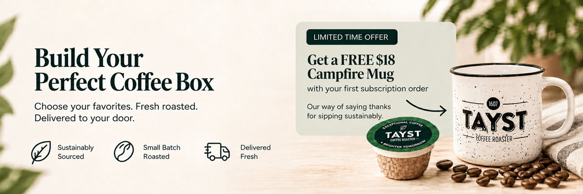 tayst coffee subscription with free $18 white coffee mug 