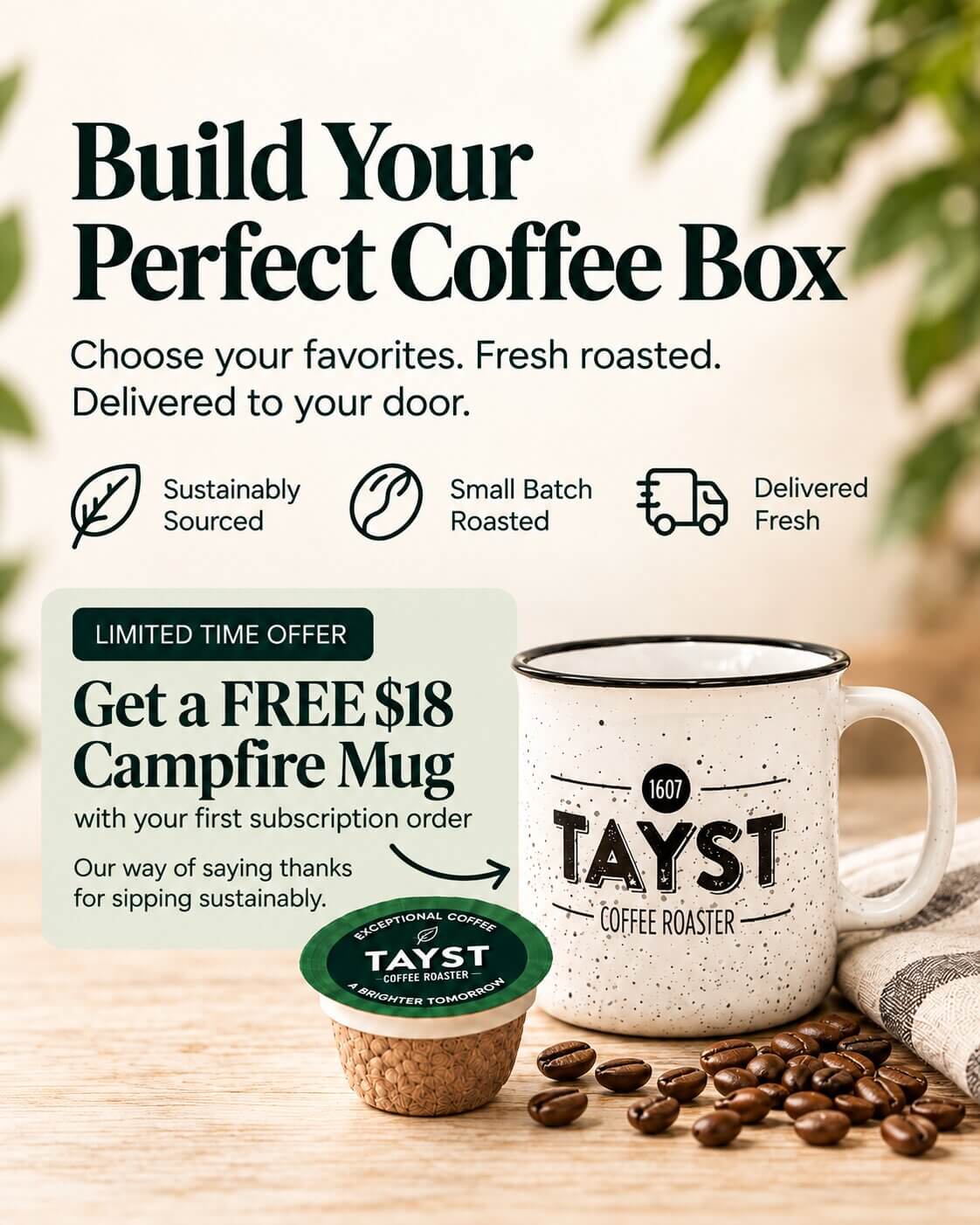 tayst coffee subscription with free $18 white coffee mug 