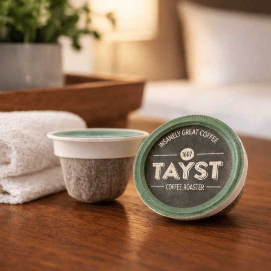 Tayst coffee pod on a wooden surface with a blurred background
