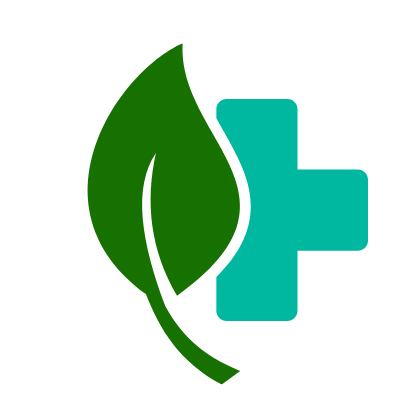 Green leaf icon next to a blue cross on a green background