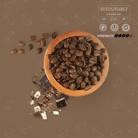Bowl of coffee beans with a brown background featuring mocha flavored coffee bean graphics.