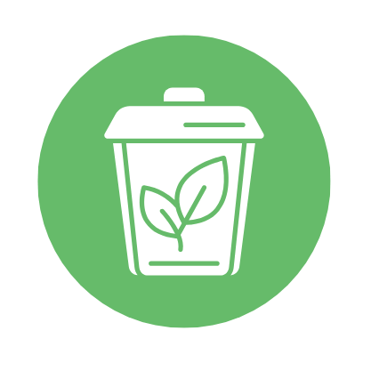White outline of a coffee cup with leaves on a green circle background