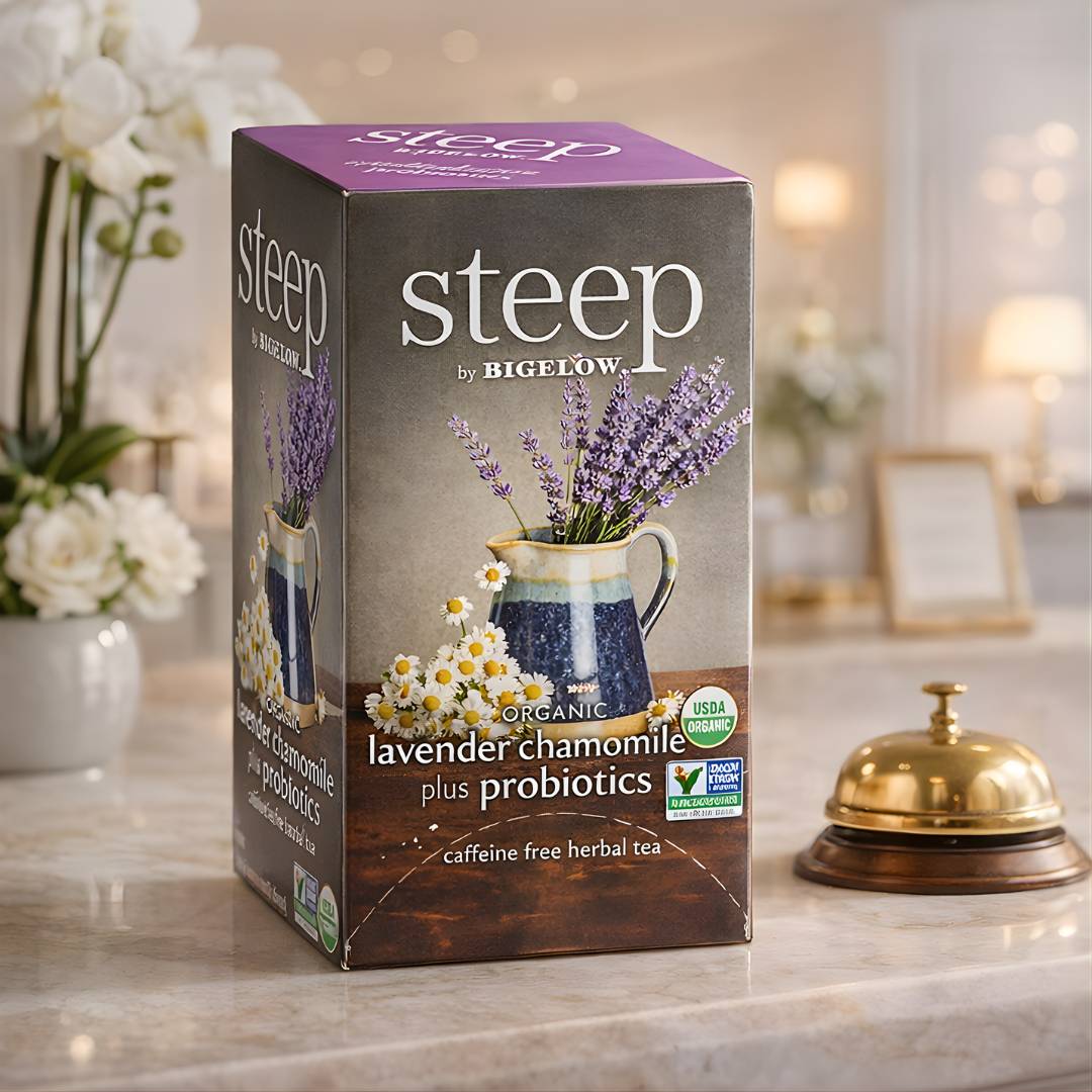Box of 'steep' lavender chamomile plus probiotics tea on a table with flowers and a bell in the background.