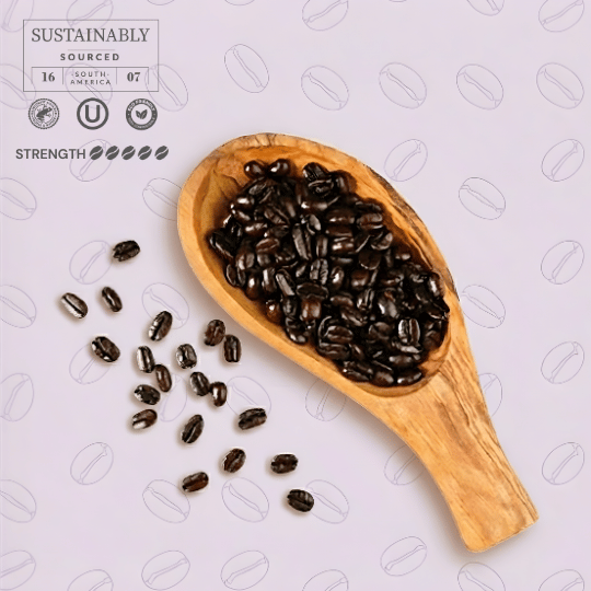 Wooden scoop filled with coffee beans on a light background with coffee bean patterns and text about sustainability and strength.