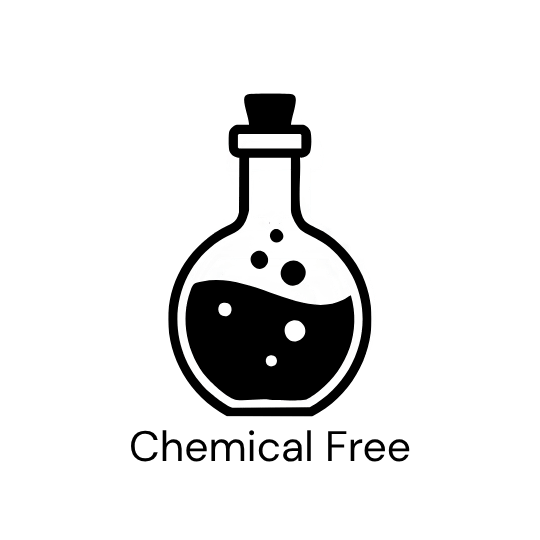 Illustration of a beaker with 'Chemical Free' text on a green background