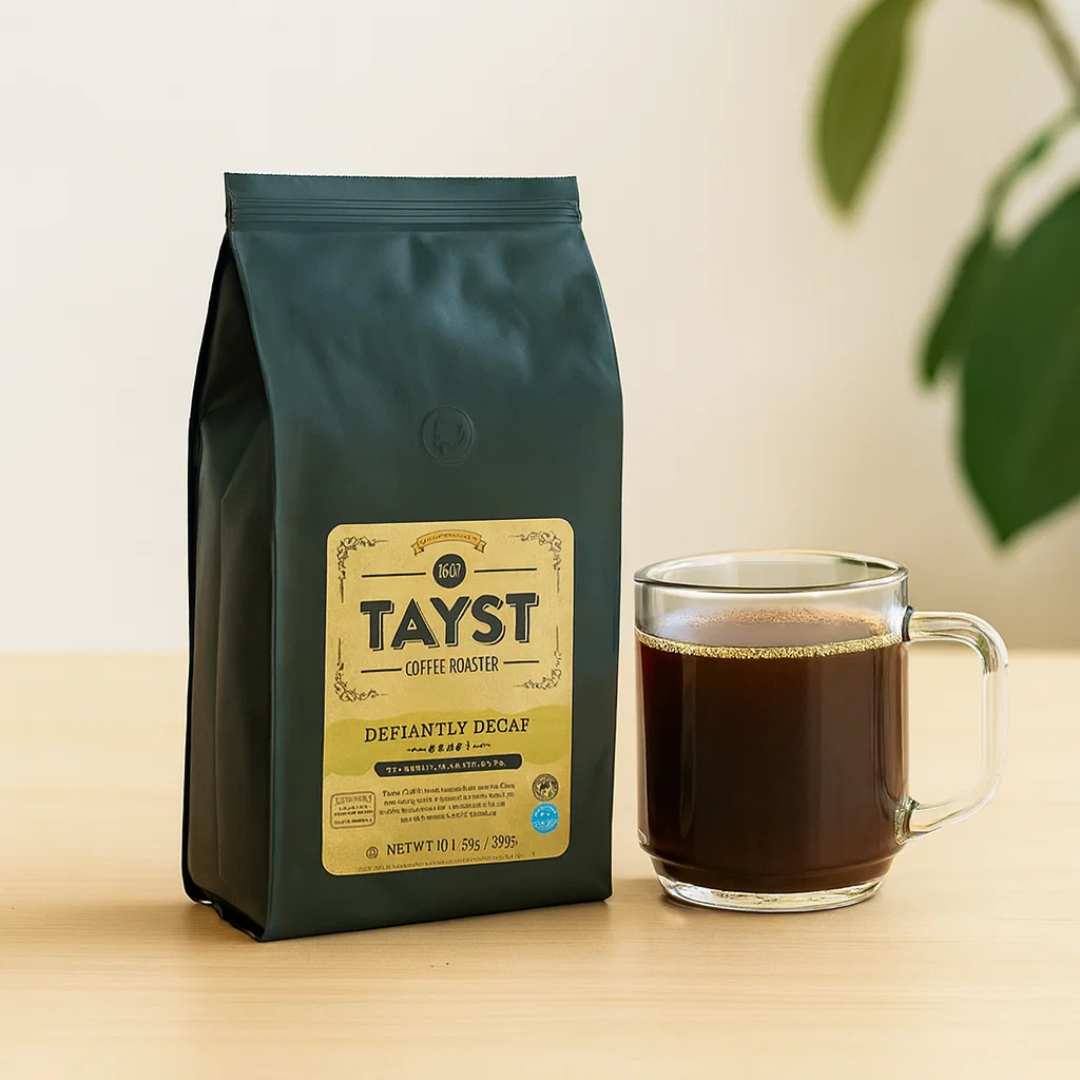 Whole Bean Coffee Bag Defiantly Decaf with coffee