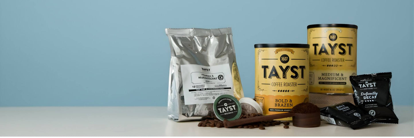 Tayst coffee products including bags, tins, and a pod on a light blue background