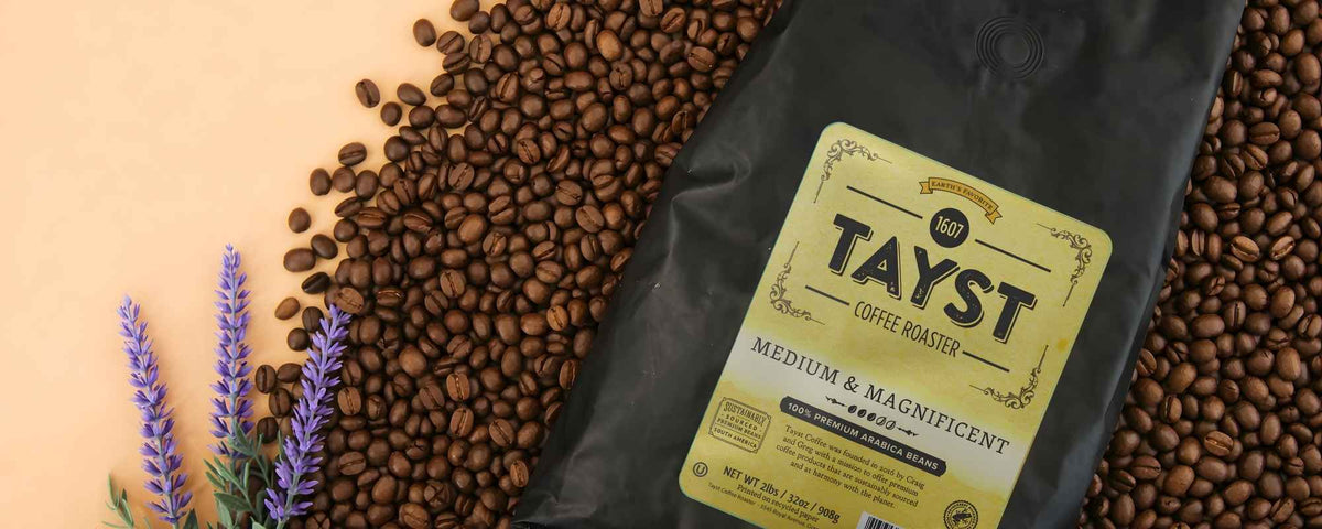 Tayst coffee beans and packaging on a textured surface with lavender flowers.