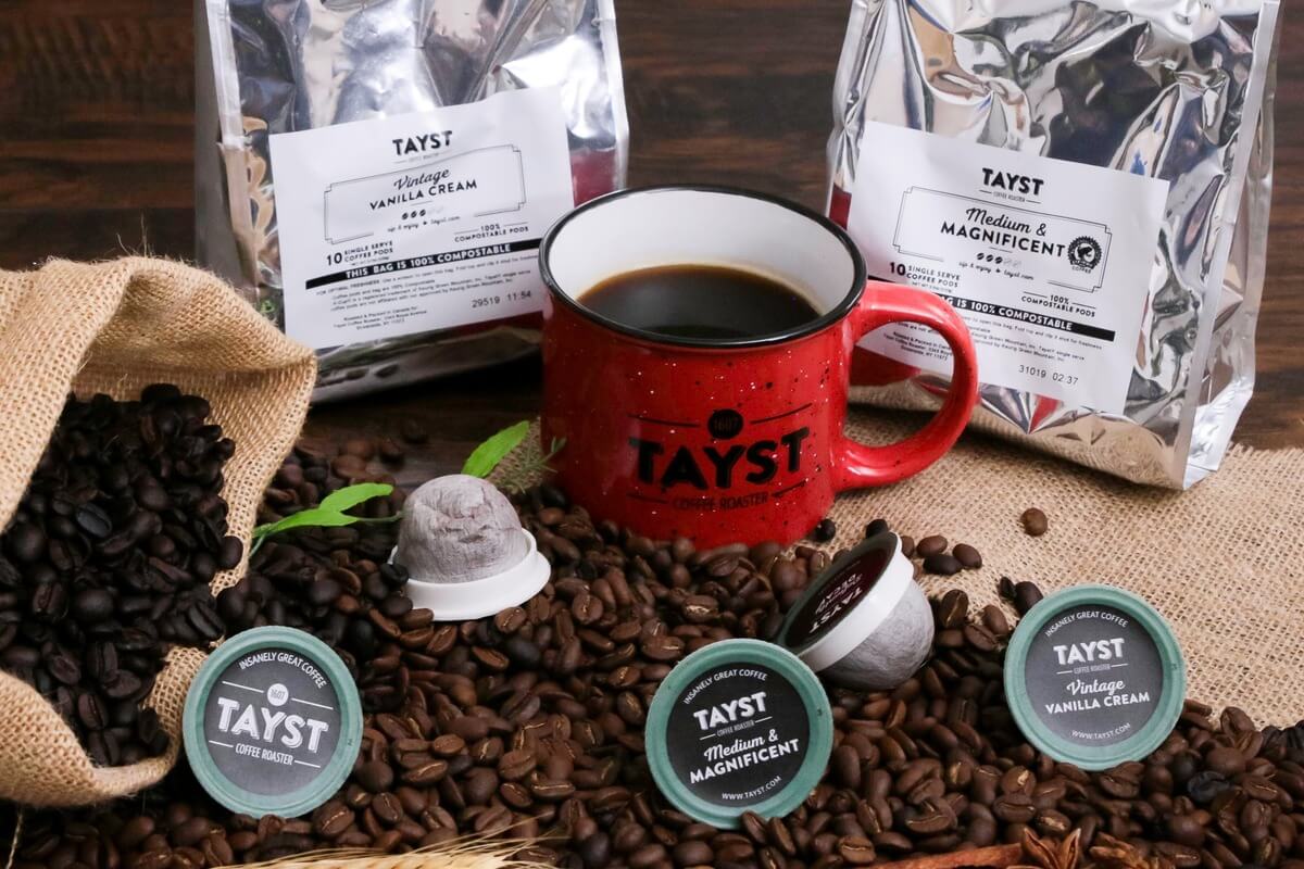 tayst coffee pods bags with red mug