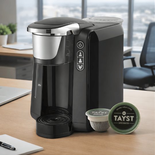 Black coffee maker with two keurig pods on a desk in an office setting