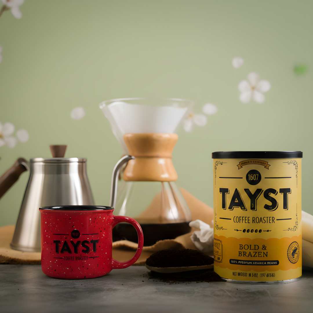 Tayst coffee canister with a red mug and coffee-making equipment on a table.