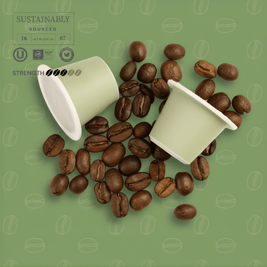 Two green coffee pods surrounded by coffee beans on a green background with coffee bean pattern.