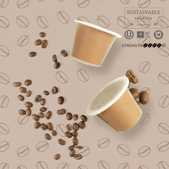 Nespresso moriondo capsules on a beige background with coffee bean patterns and sustainability logos.