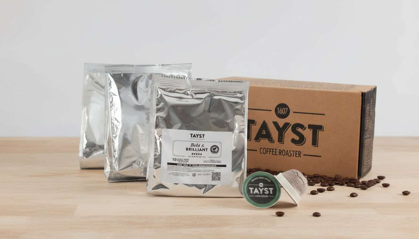 Tayst coffee packages and box on a wooden surface with coffee beans.