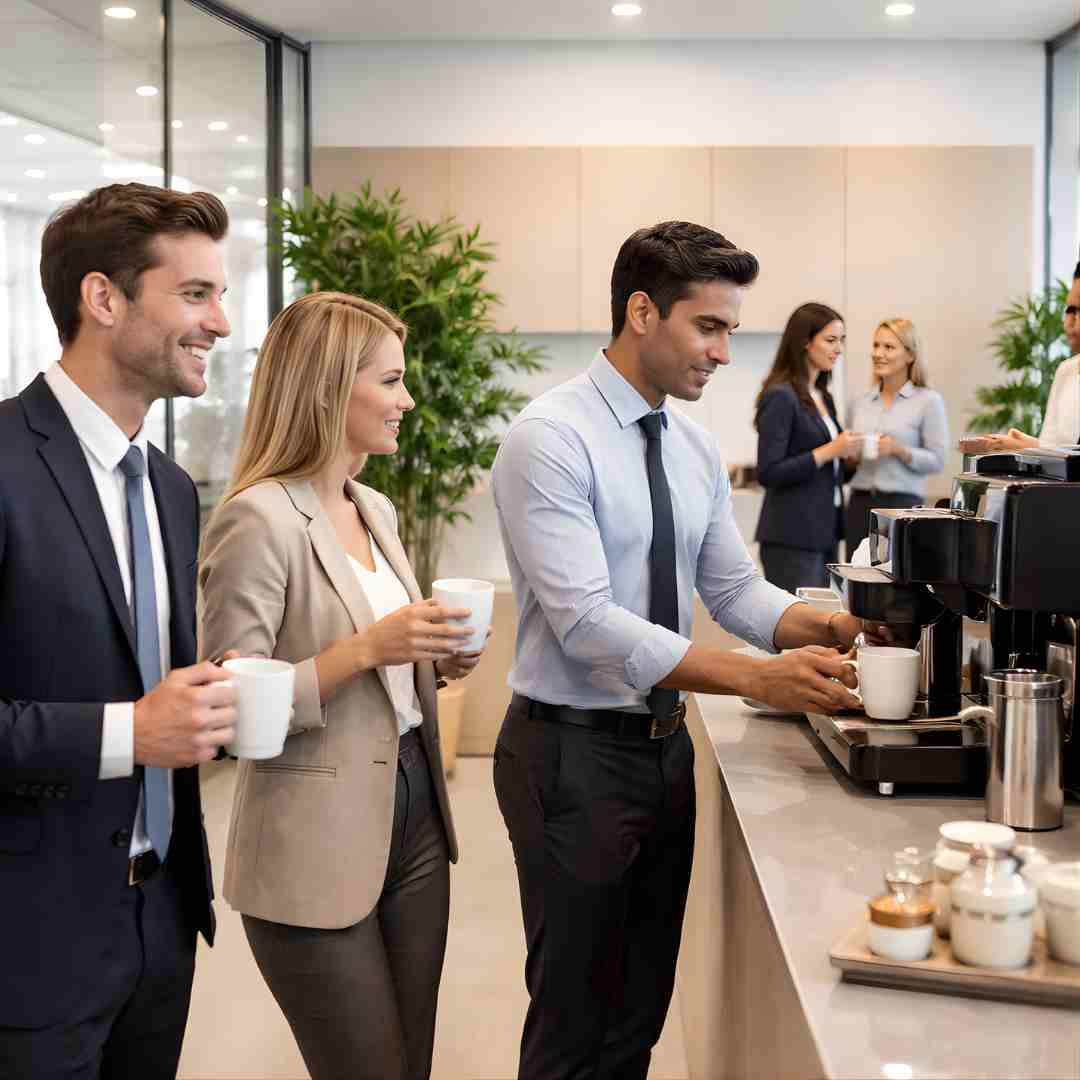 People in a modern office setting with a coffee machine and plant.