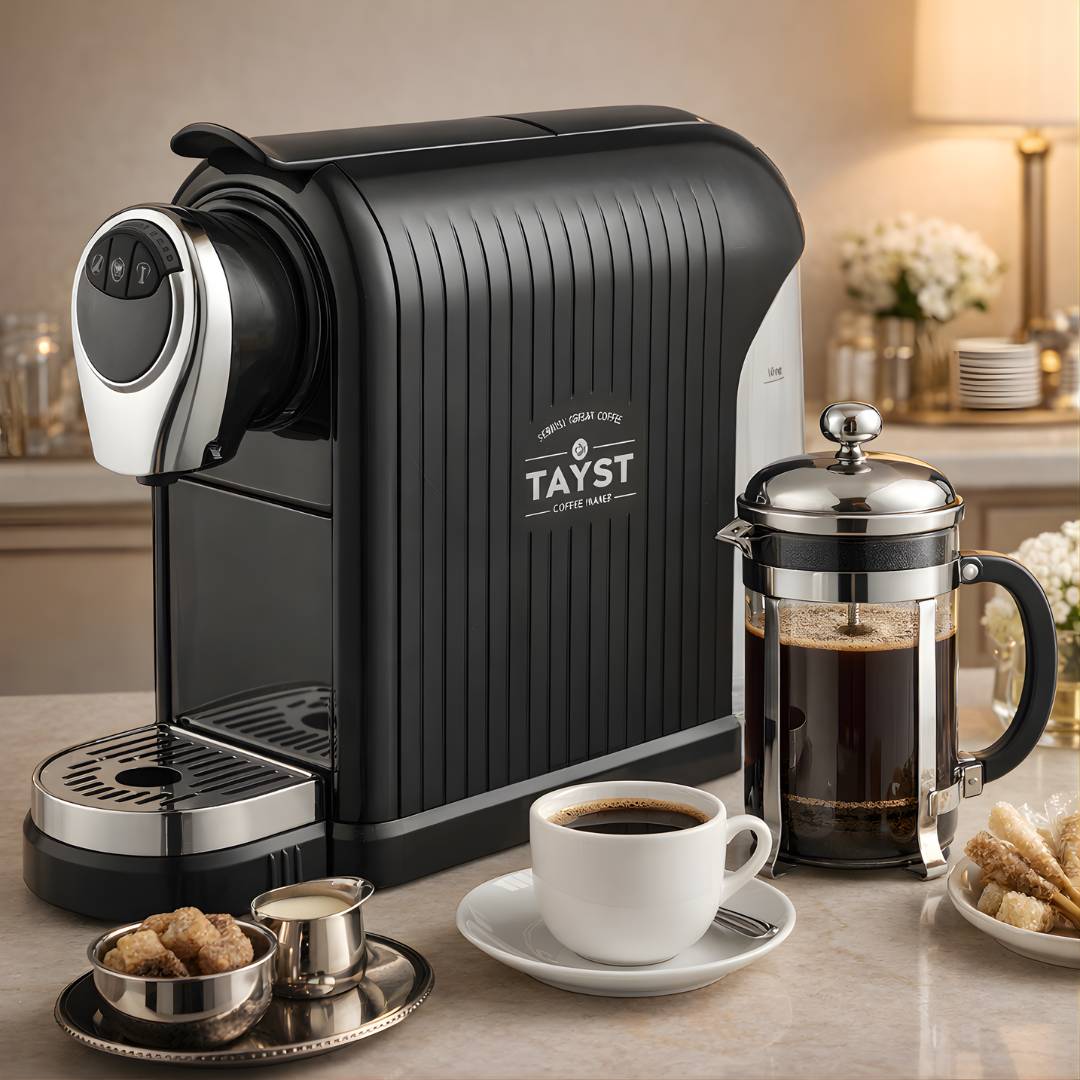 Tayst coffee machine on a counter with a cup of coffee and a French press.