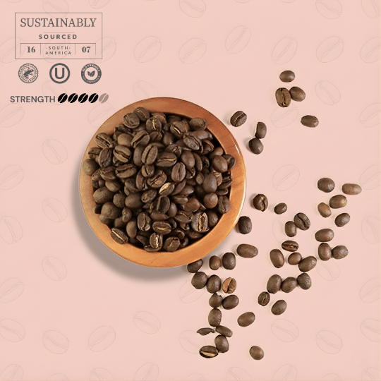 Wooden bowl filled with medium and heroic coffee beans on a pink background with sustainability and strength indicators.