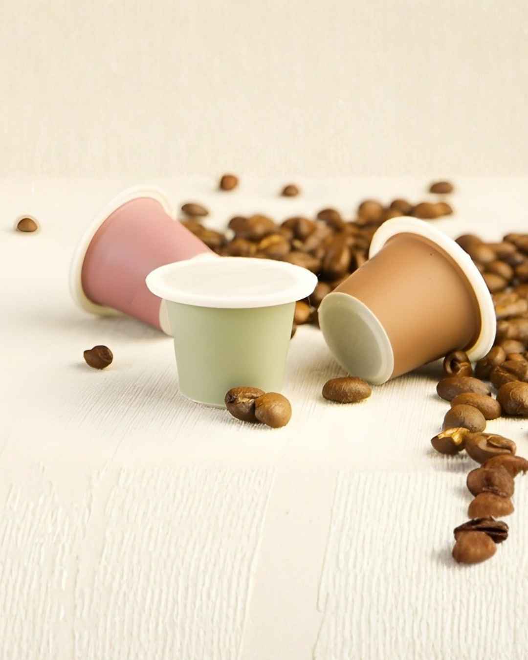 Three tayst nespresso coffee capsules on a white surface with scattered coffee beans.