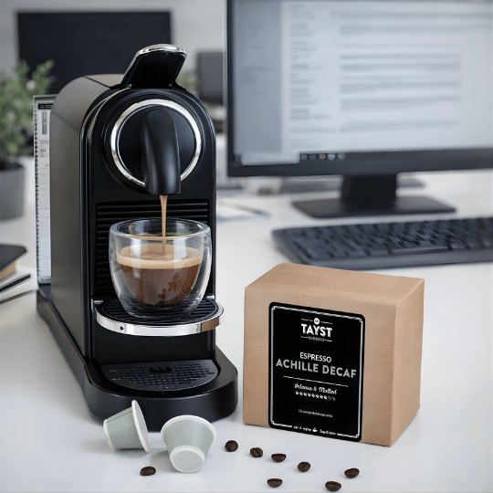 Coffee machine dispensing coffee into a glass cup on a desk with a box of Tayst Espresso Achille Decaf nearby.
