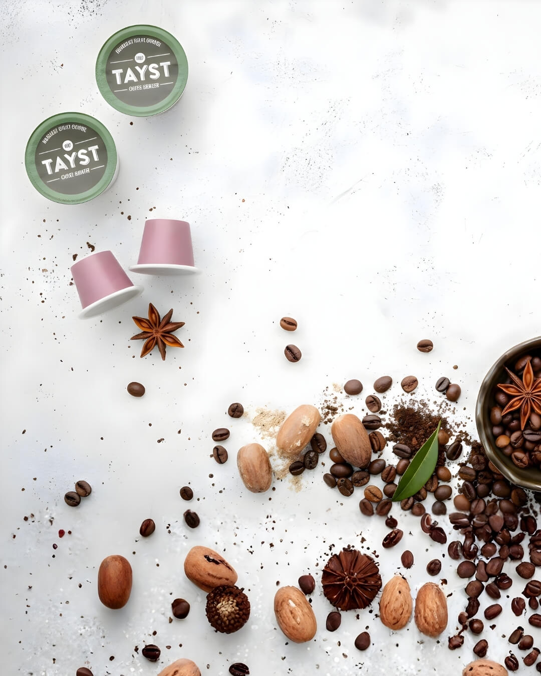 Tayst coffee pods and coffee beans on a white surface