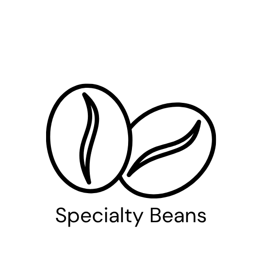 Outline of two coffee beans with 'Specialty Beans' text on a green background