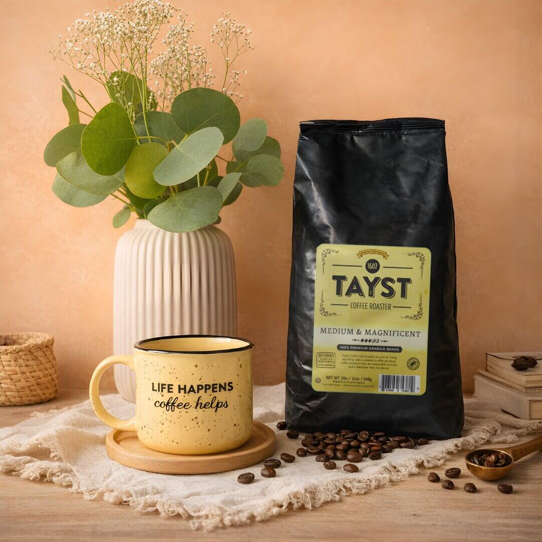 Tayst coffee medium and magnificent with yellow mug